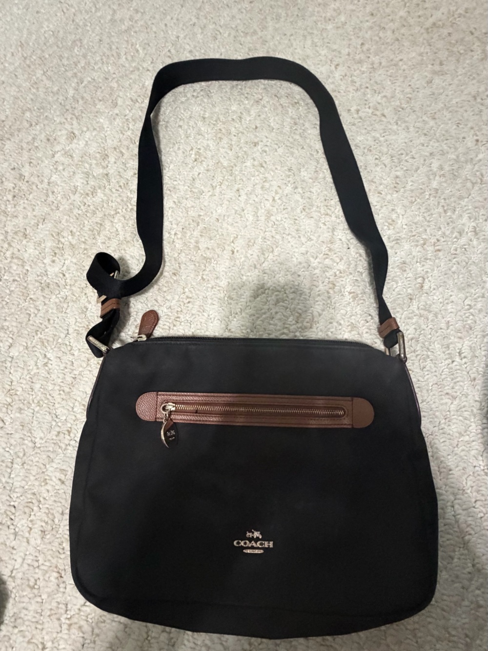 Coach Black Messenger Bag with Brown Leather Trim
